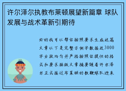 许尔泽尔执教布莱顿展望新篇章 球队发展与战术革新引期待